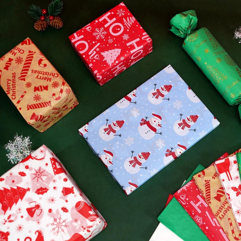 ROSYJUNE 80 Sheets Christmas Tissue Paper for Gift Bags, 20" x 20" Red Green White Wrapping Tissue Paper with 8 Different Designs for Christmas Gift Wrapping Holiday Decoration DIY Craft - Image 3